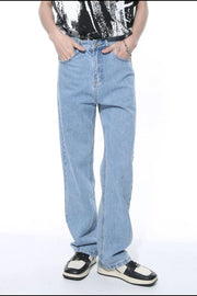 Relaxed fit light wash denim jeans with a straight leg cut.