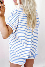 Light blue and white striped textured loungewear set with short sleeves and shorts.