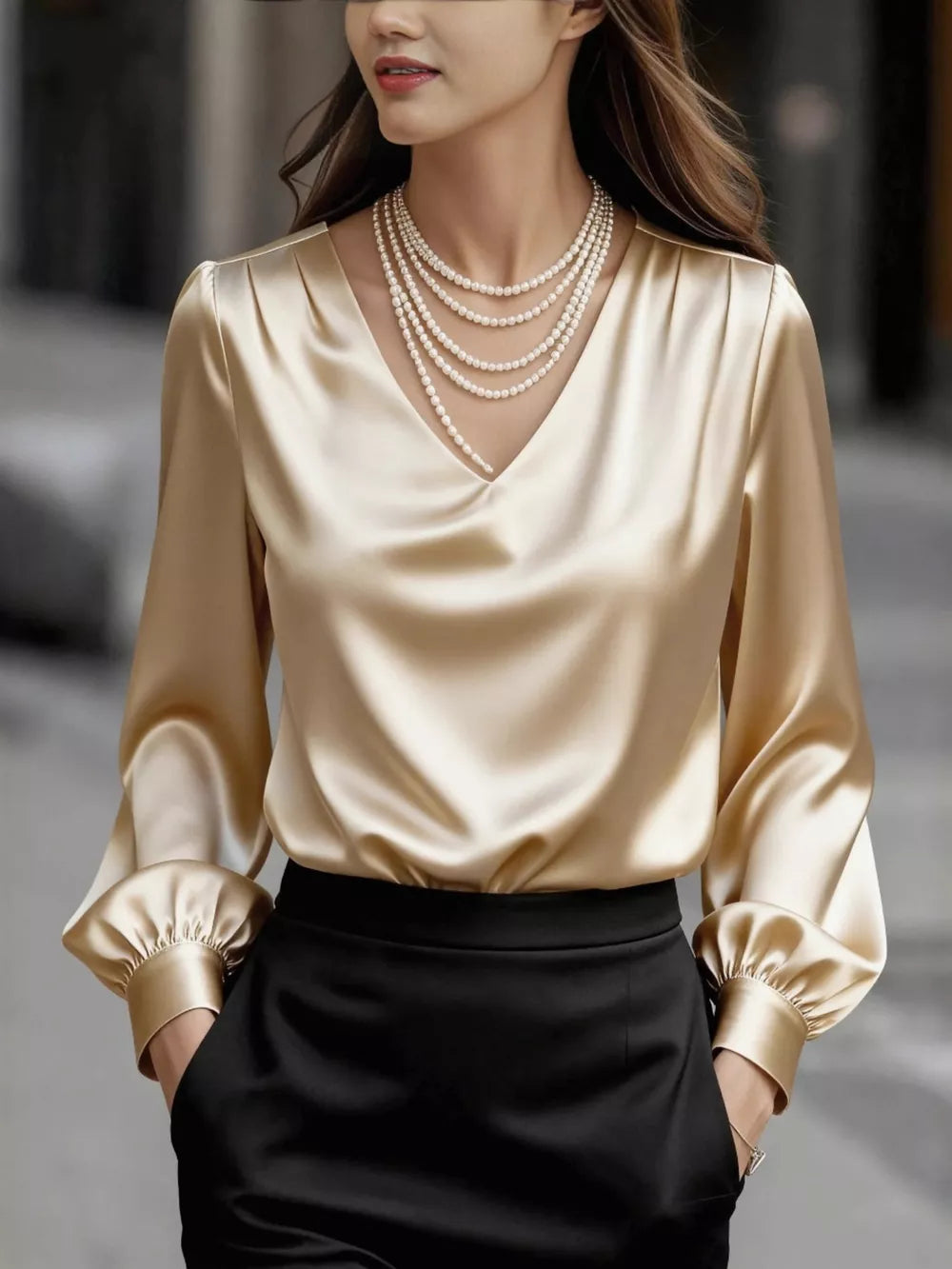Apricot Luxe Satin V-neck Long Sleeve Blouse with gathered cuffs