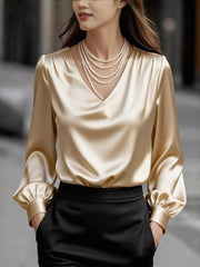 Apricot Luxe Satin V-neck Long Sleeve Blouse with gathered cuffs