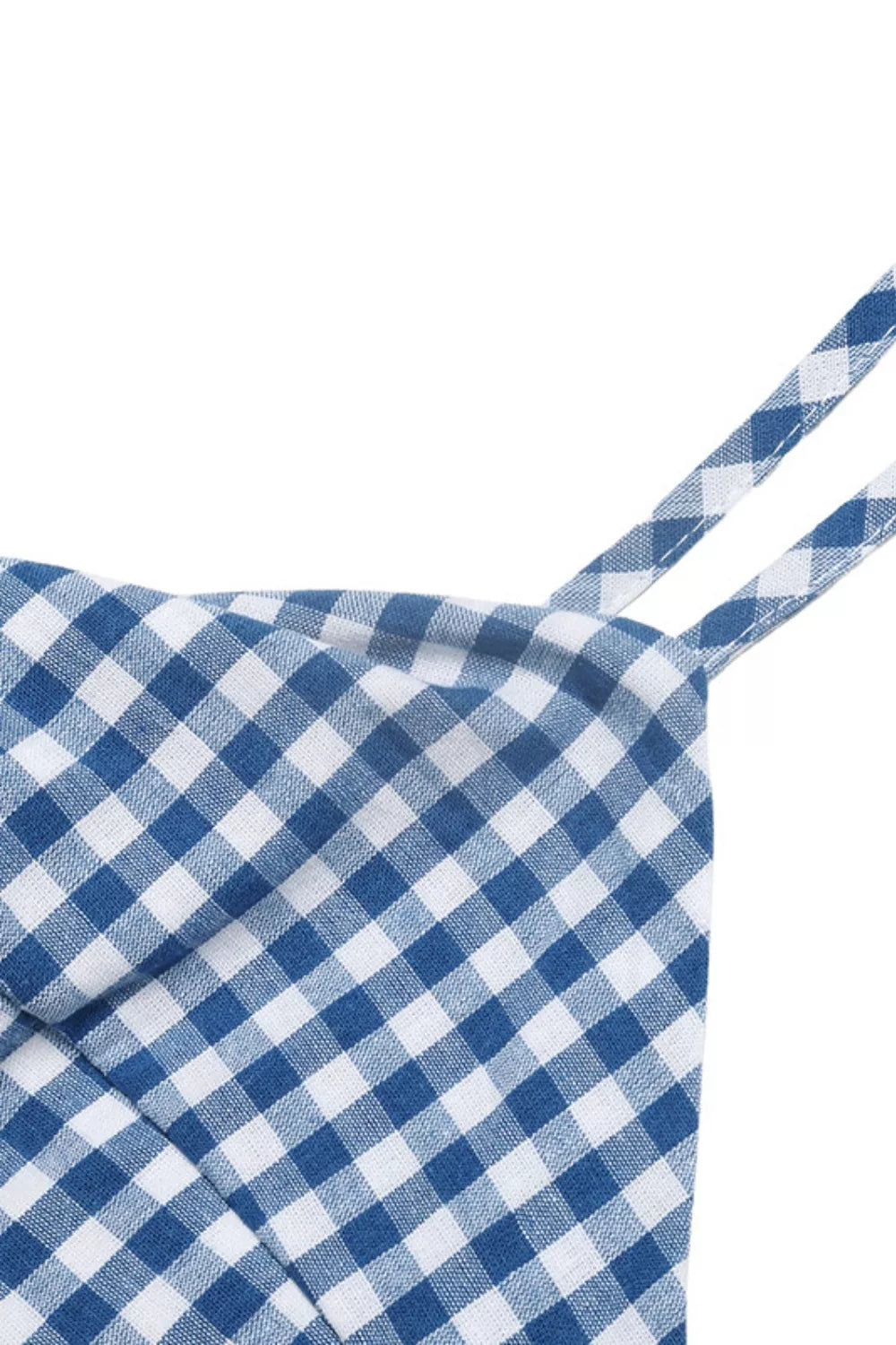Blue and white gingham midi dress with knot-front detail and spaghetti straps.
