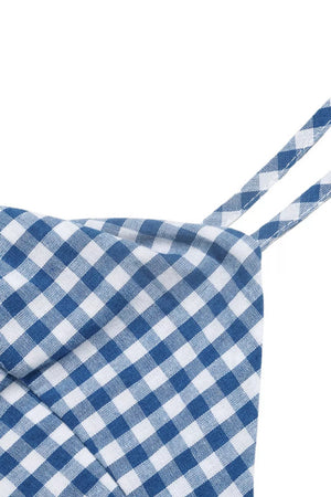 Blue and white gingham midi dress with knot-front detail and spaghetti straps.