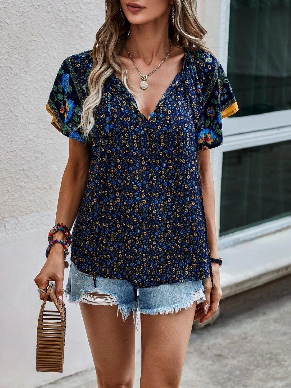 Dark Blue Bohemian Floral Print Blouse with Flutter Sleeves and V-Neck