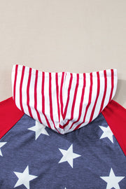Patriotic raglan hooded tee in scarlet with stars and stripes pattern.