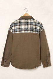 Olive shacket with plaid yoke and collared neckline.