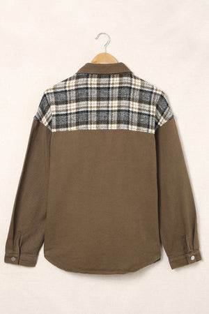 Olive shacket with plaid yoke and collared neckline.