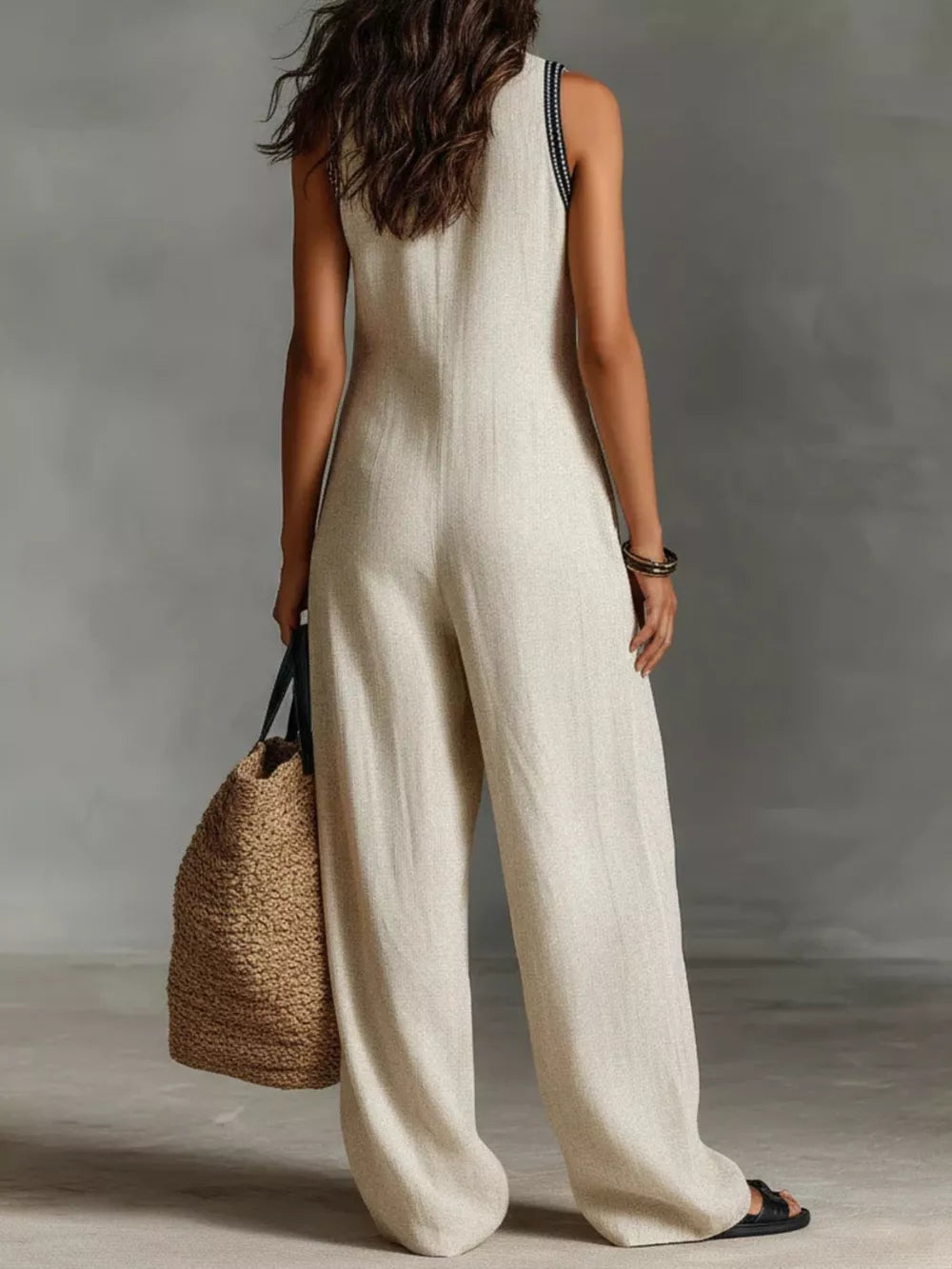 Full Size Sleeveless Wide-leg Jumpsuit Plus Size in Sky Blue, close-up detail