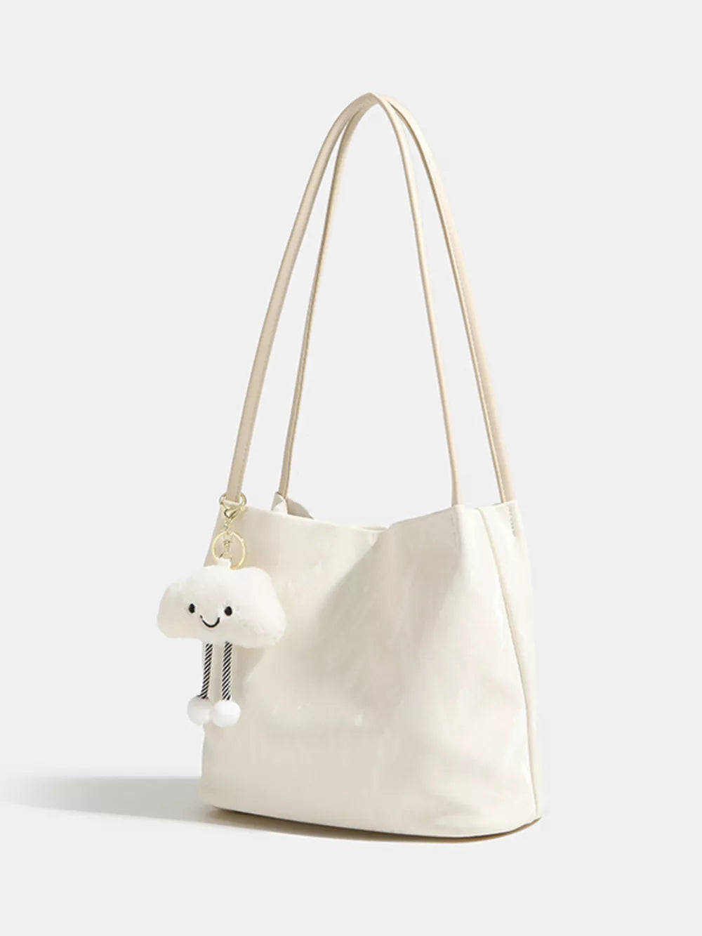 White pu leather shoulder bag with charm and double straps