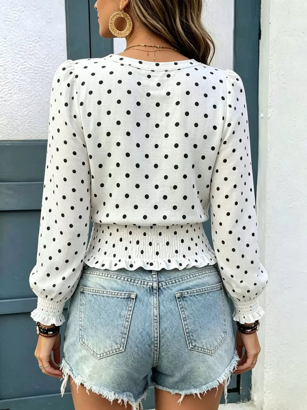 Polka Dot V-neck Smocked Blouse, side view