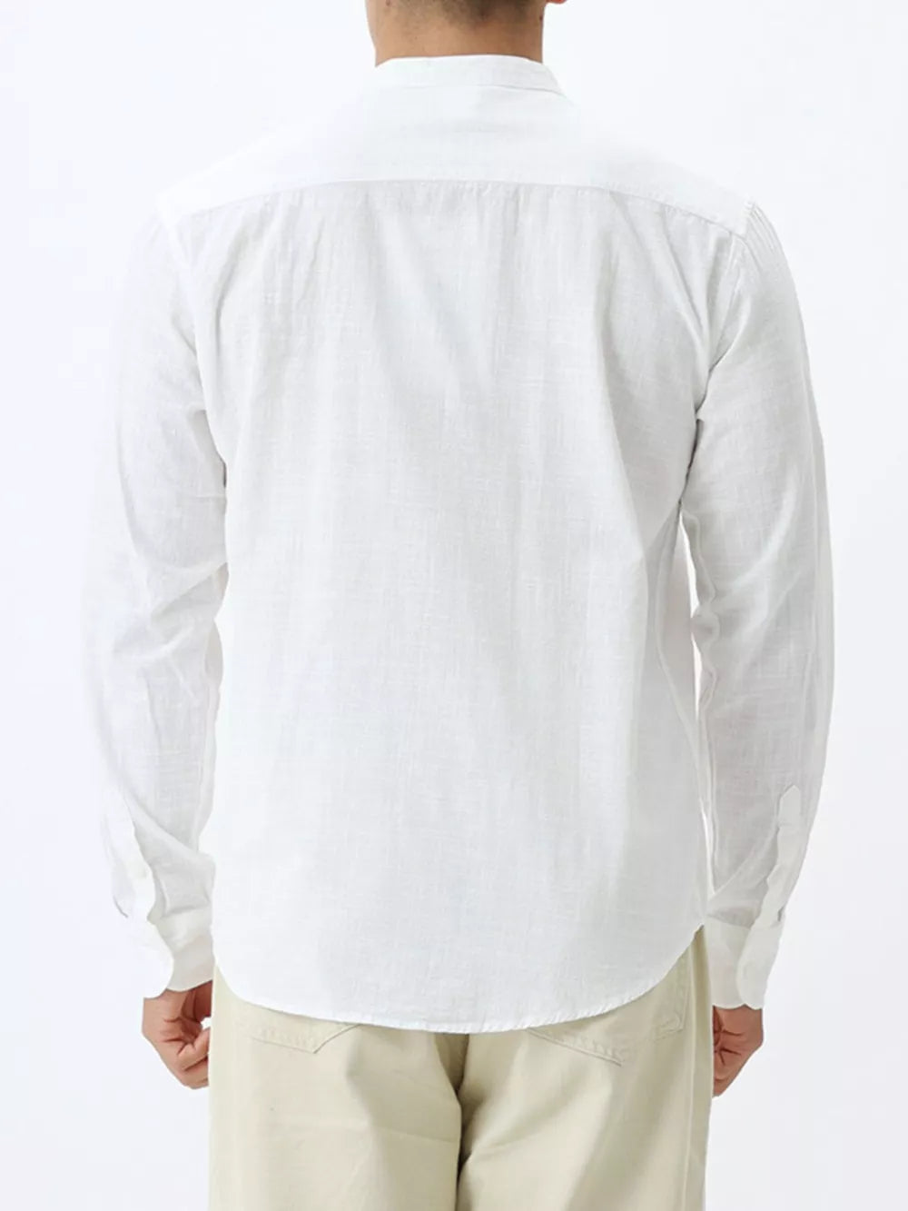 Men's white 100% cotton mandarin collar shirt, long sleeve, button-down, casual fit.