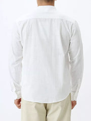 Men's white 100% cotton mandarin collar shirt, long sleeve, button-down, casual fit.