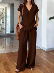 Full Size V-neck Short Sleeve Top And Pants Set in Light Brown, product detail
