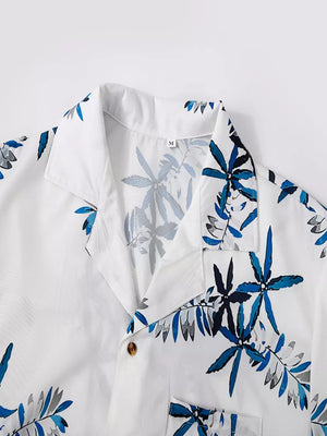 Men's Tropical Print Short Sleeve Shirt And Shorts Set in White, model styling view