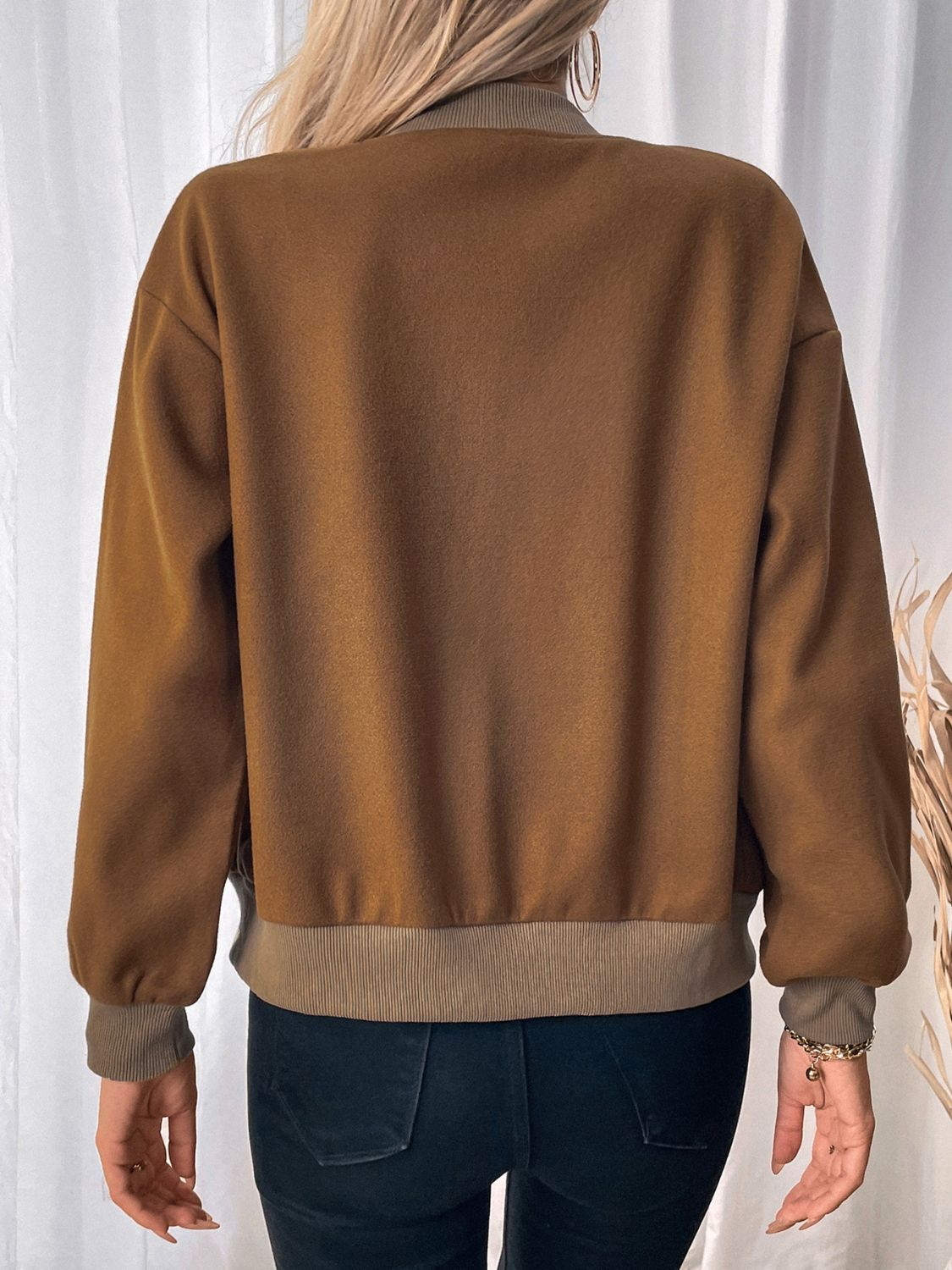 Caramel felted wool-blend bomber jacket with ribbed cuffs and hem.
