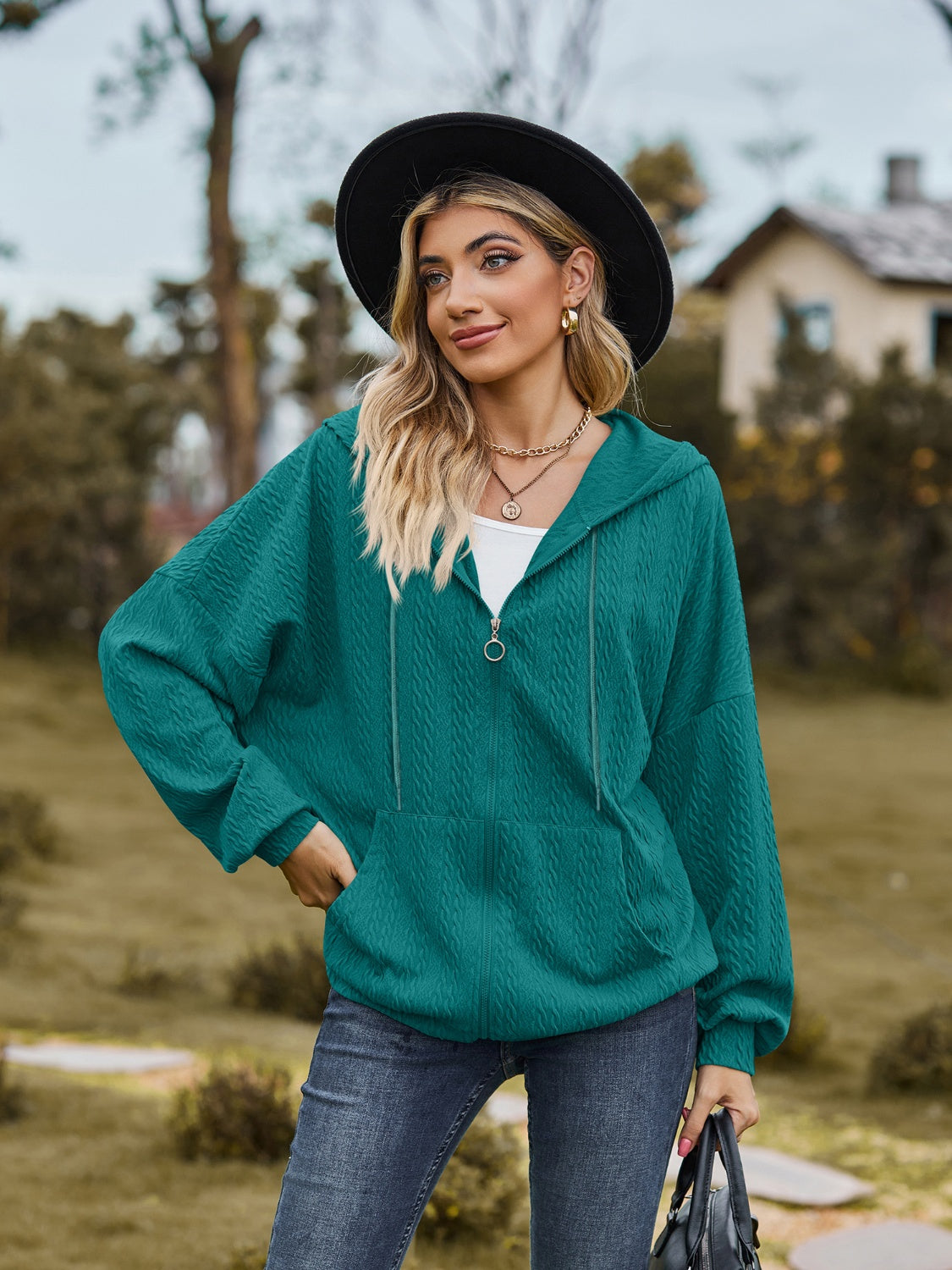 Deep Teal textured knit dolman sleeve zip-up hoodie with front pocket and drawstring hood.