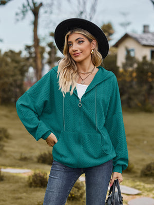 Deep Teal textured knit dolman sleeve zip-up hoodie with front pocket and drawstring hood.