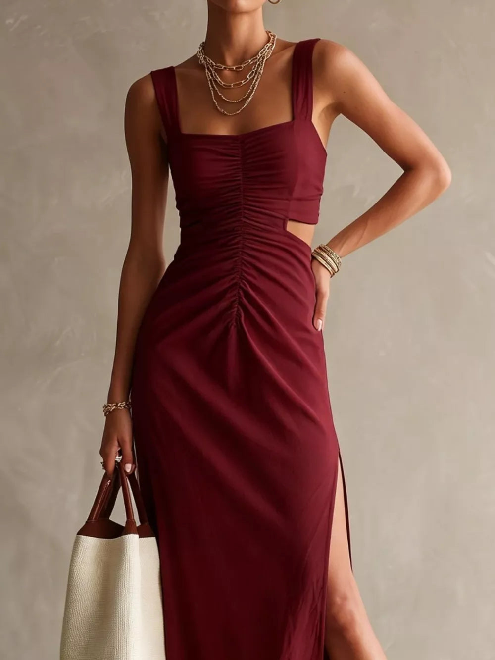 Ruched Cut-out Midi Dress in Khaki, editorial view