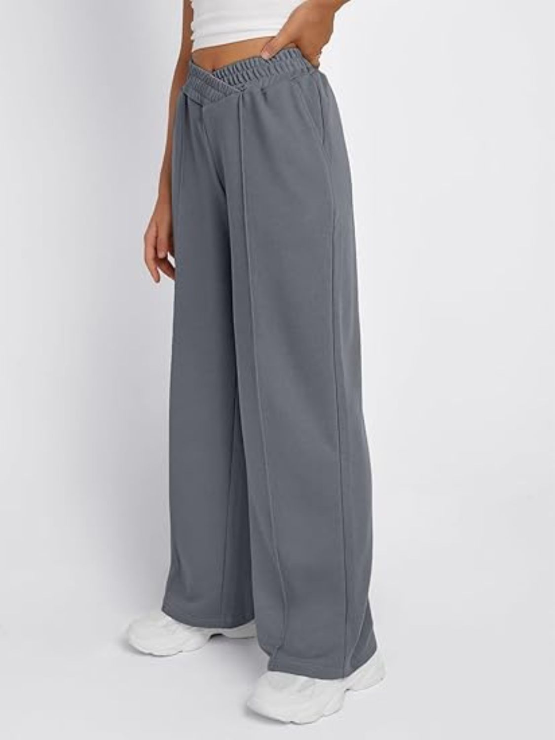 Dark Gray V-waistline palazzo sweatpants with center seams and pockets.