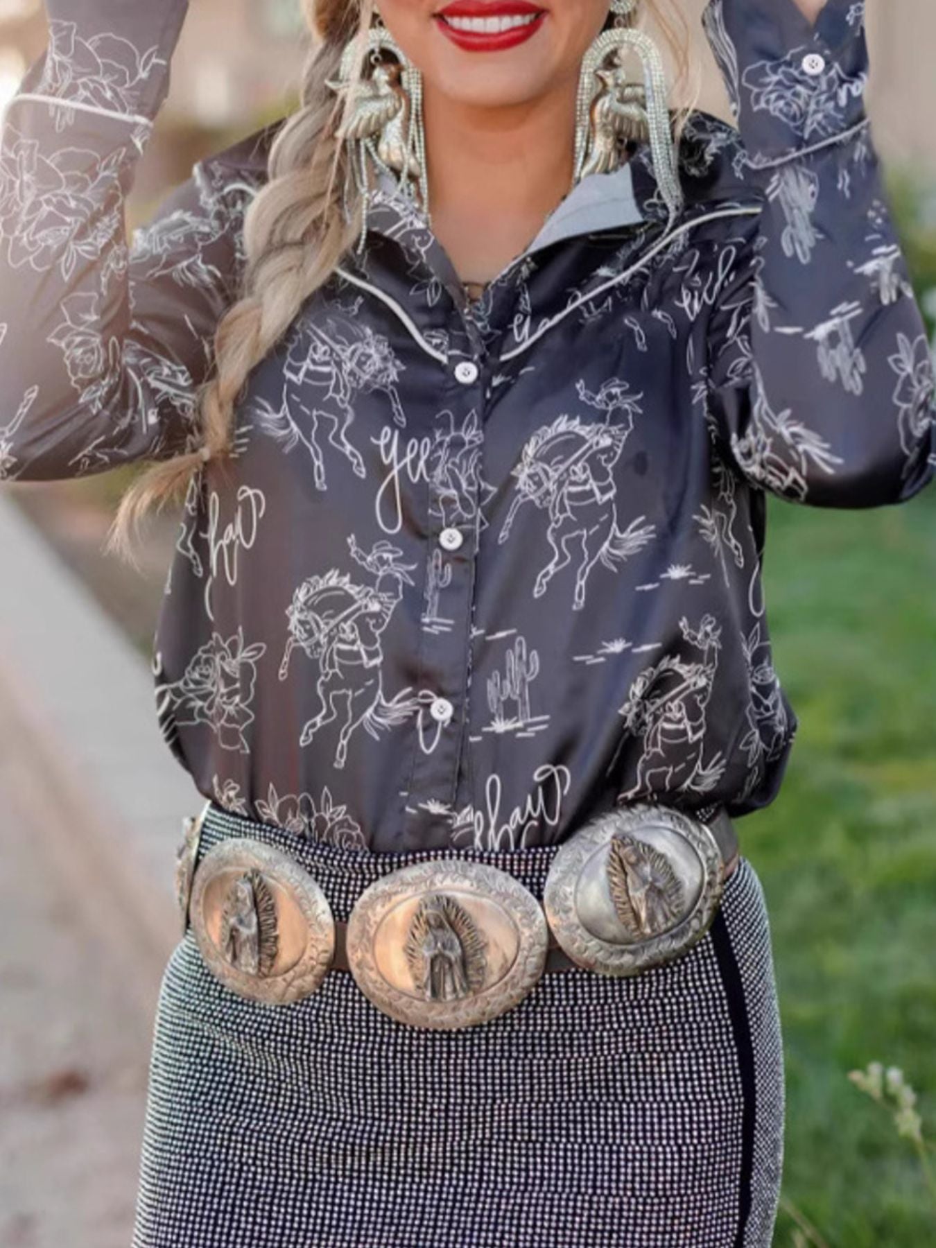 Black long sleeve button up maternity shirt with rodeo print and white piping