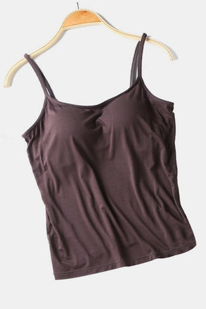 Seamless scoop neck camisole in chocolate brown with thin spaghetti straps.