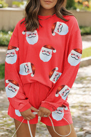 Red sequin Santa pleated co-ord set with vertical stripes and crew neck.