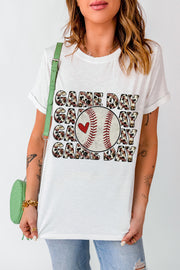 White graphic tee with baseball and Game Day text, casual short sleeves