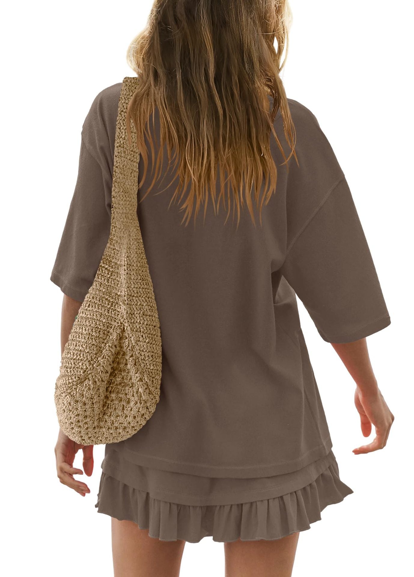 Brown ruffled tee and skirt set with a relaxed fit and short sleeves.