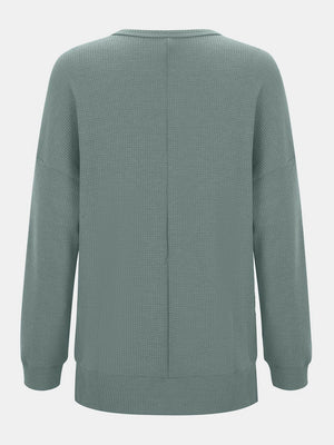 Waffle knit relaxed fit crewneck top in Gum Leaf green with a seam down the back.