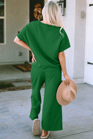 Green textured knit tee and wide leg pants set with short sleeves and a crew neck.