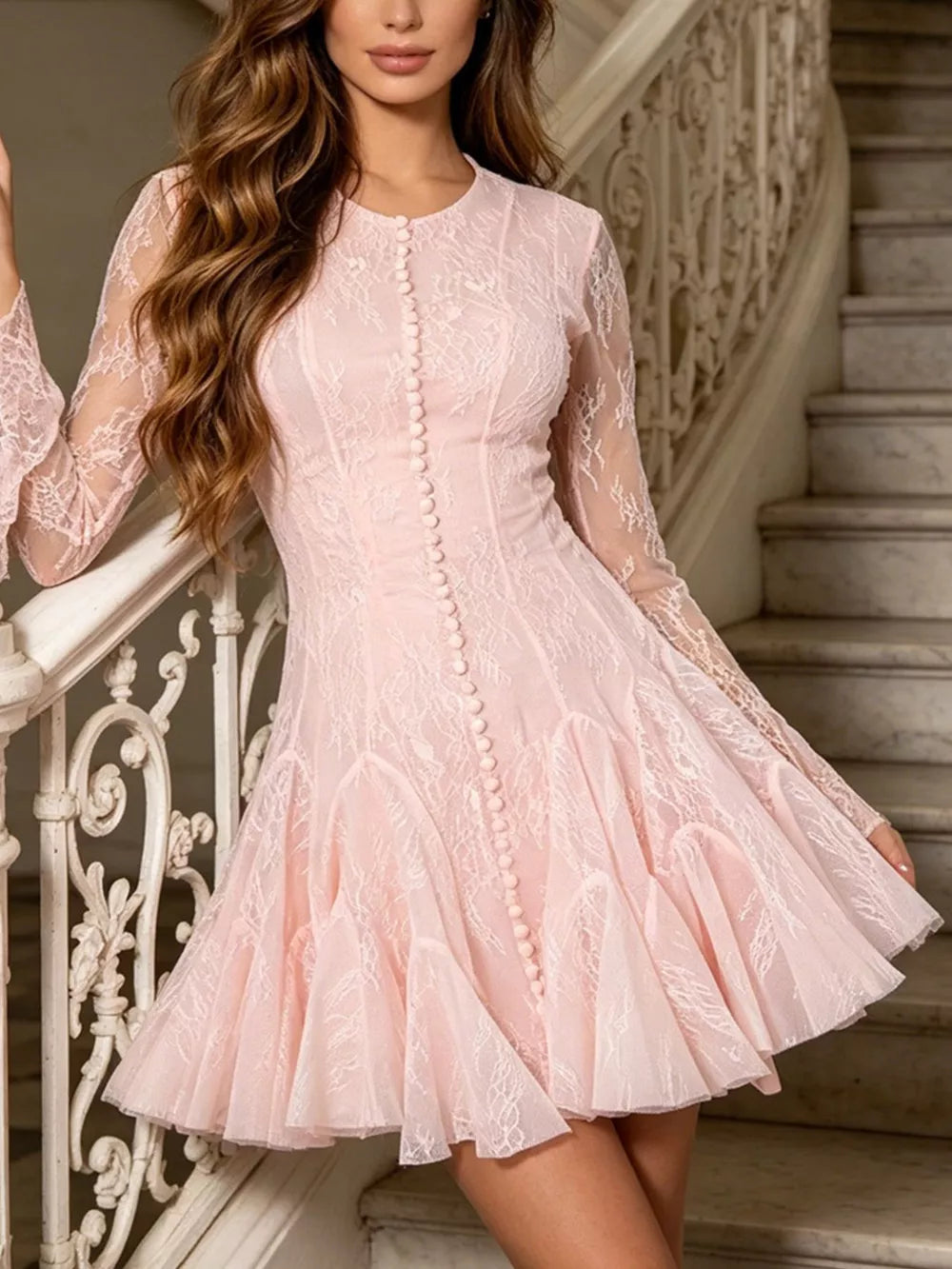Lace Flare Sleeve Mini Dress in Pink, front view