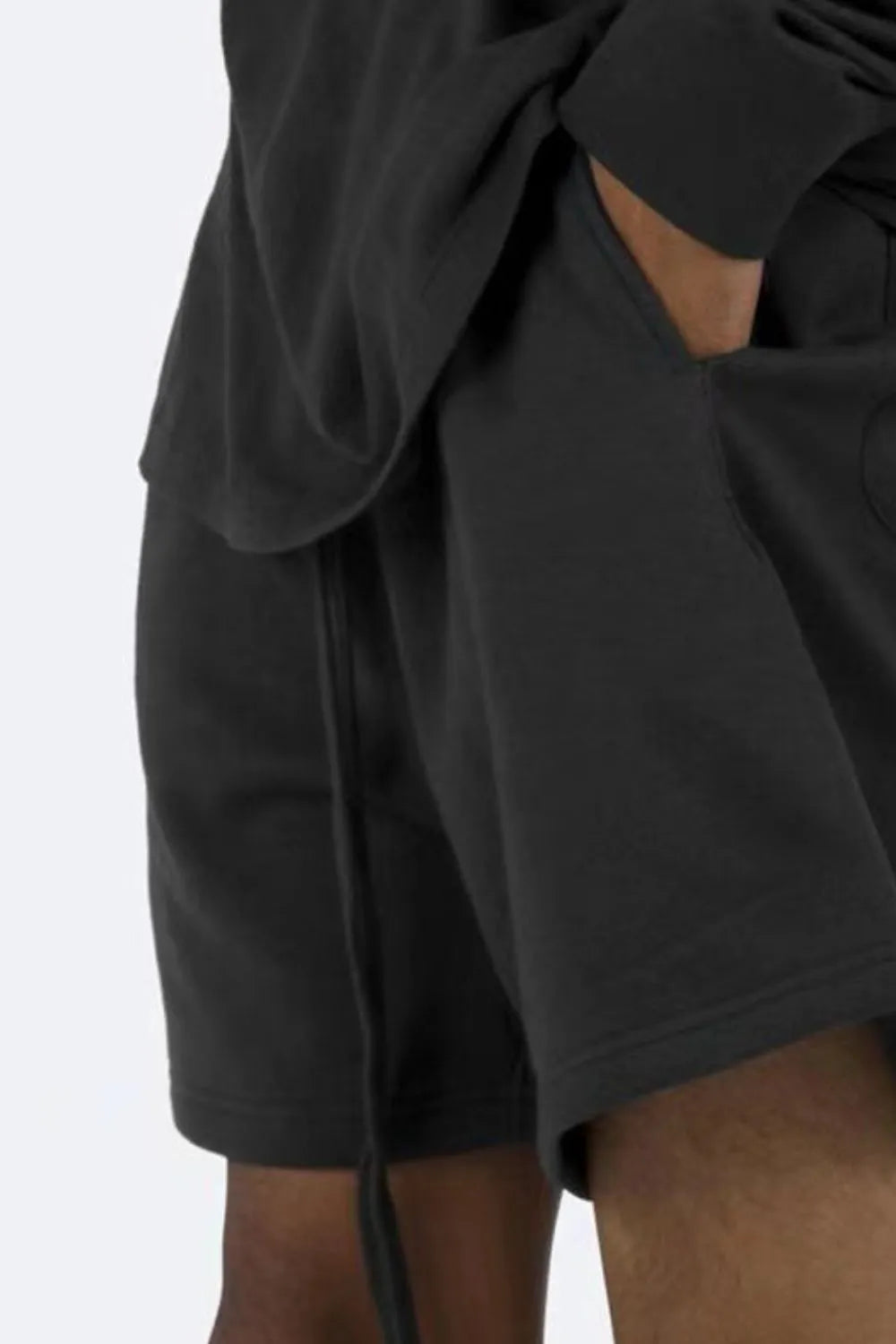 Black fleece jogger shorts with drawstring and pockets