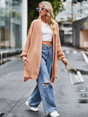 Camel open-stitch waffle knit duster cardigan with pockets, acrylic.