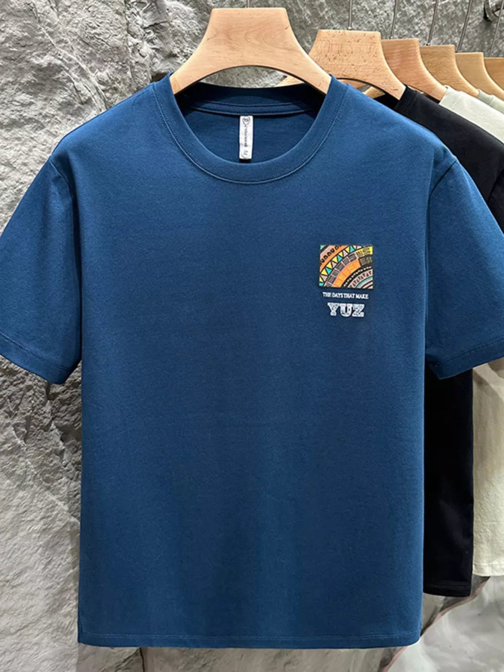 Men's Peacock Blue Cotton Crew T-shirt with abstract graphic detail