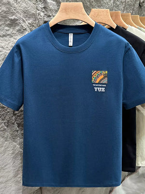 Men's Peacock Blue Cotton Crew T-shirt with abstract graphic detail