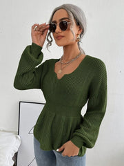 Green peplum knit sweater with scallop neckline and balloon sleeves