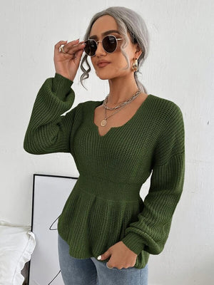 Green peplum knit sweater with scallop neckline and balloon sleeves