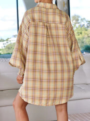 Overshirt with plaid pattern in yellow, brown, and purple, featuring balloon sleeves with smocked cuffs.