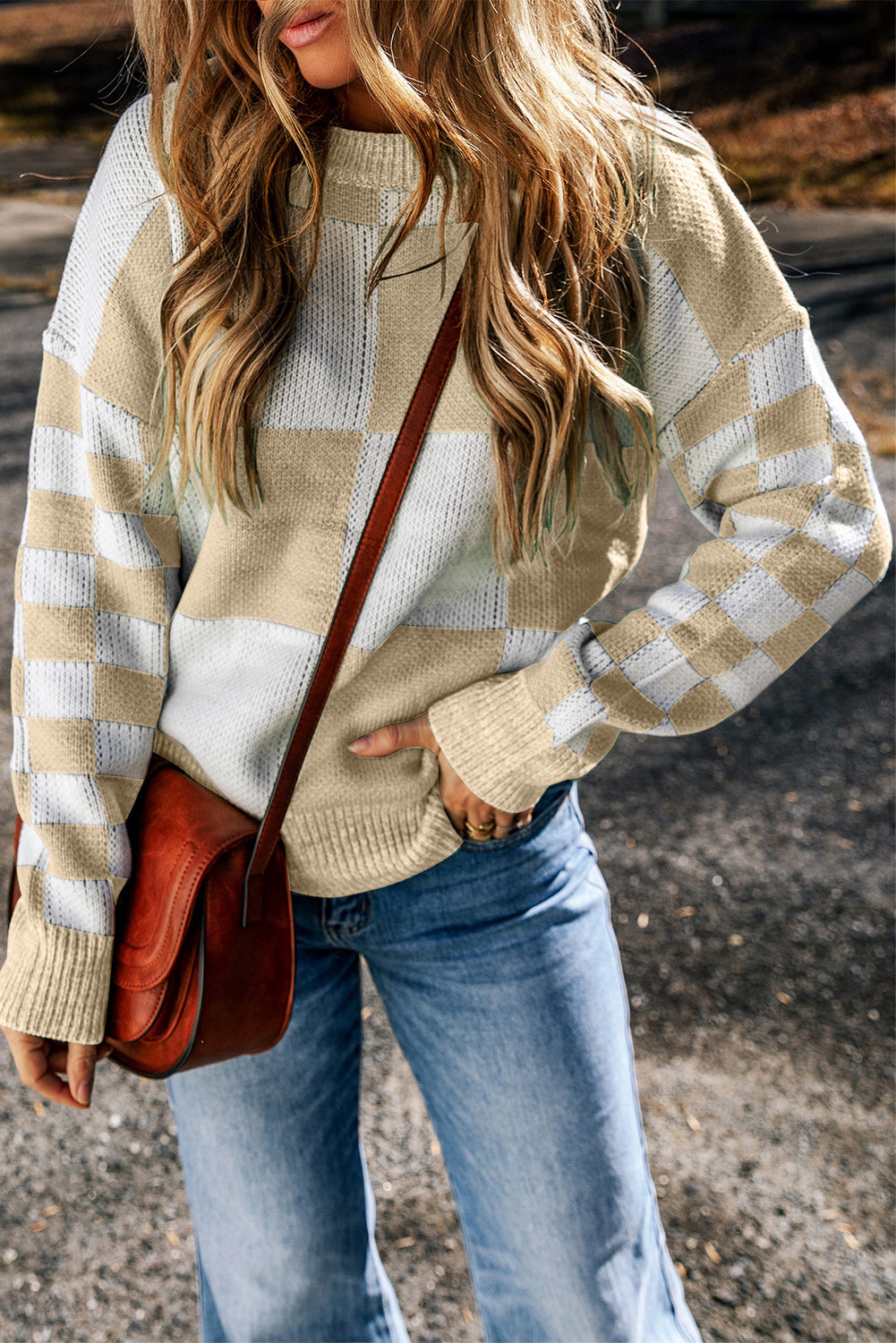 Colorblock checkerboard knit sweater in beige and white with crew neck and long sleeves.