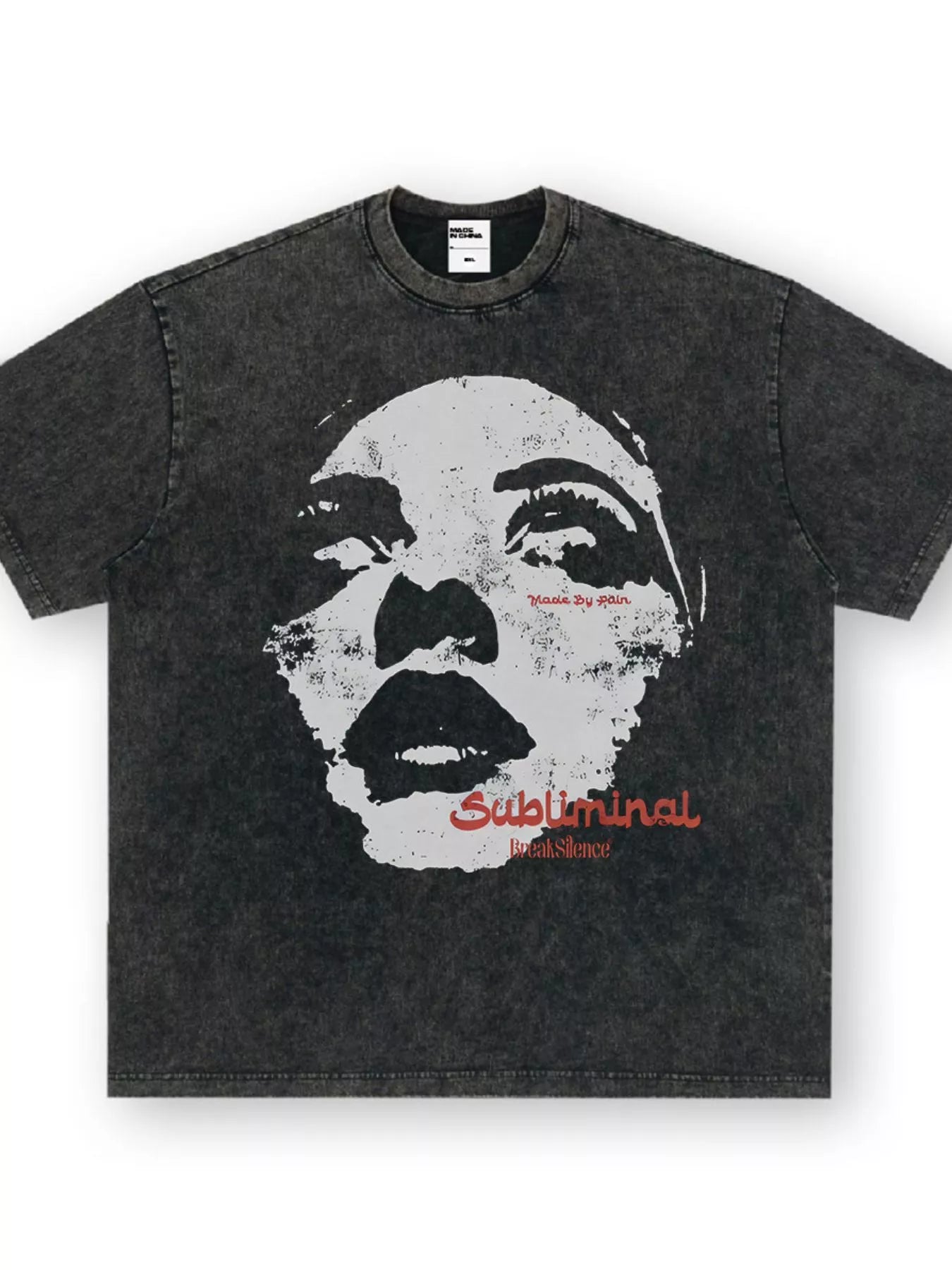 Dark gray oversized graphic tee with a distressed wash and a large black and white face print.