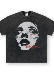Dark gray oversized graphic tee with a distressed wash and a large black and white face print.