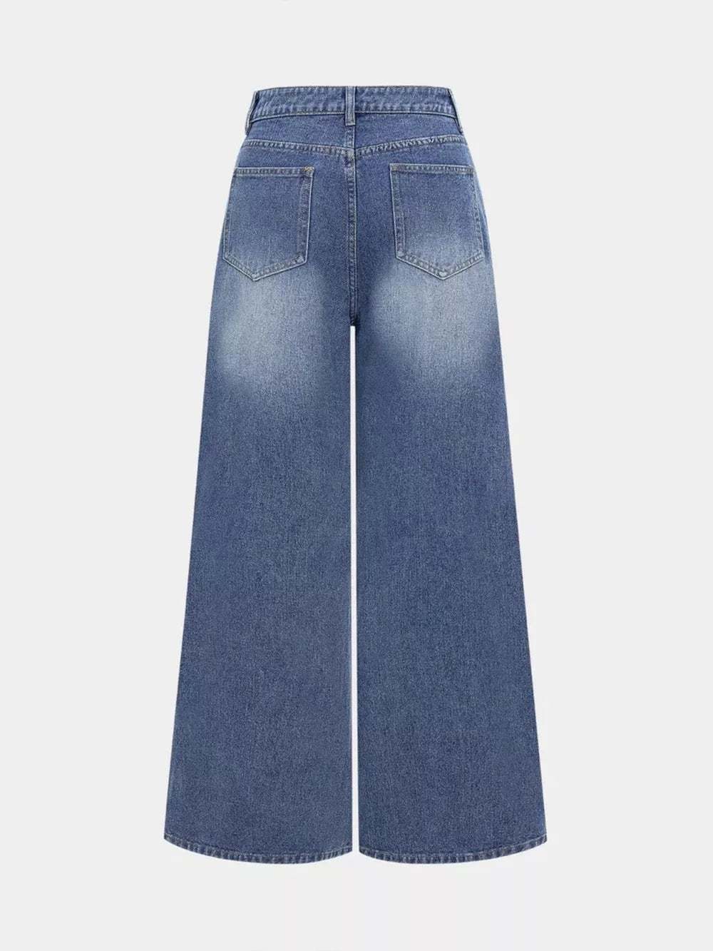 Chic high-waisted wide-leg jeans in blue denim with a faded wash and button closure.