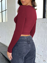 Burgundy ribbed V-neck long sleeve crop top