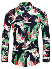 Men's navy tropical print long sleeve button-up shirt with bird of paradise flowers.