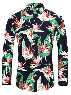 Men's navy tropical print long sleeve button-up shirt with bird of paradise flowers.