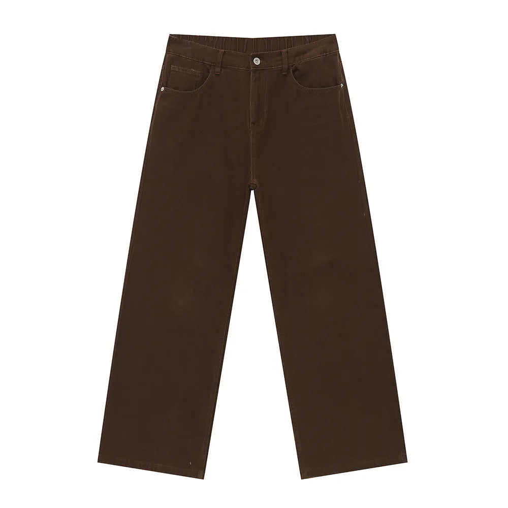 Chocolate elastic waist straight-leg denim jeans with front pockets