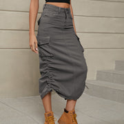 Mid gray cargo denim midi skirt with adjustable ruching detail and pockets