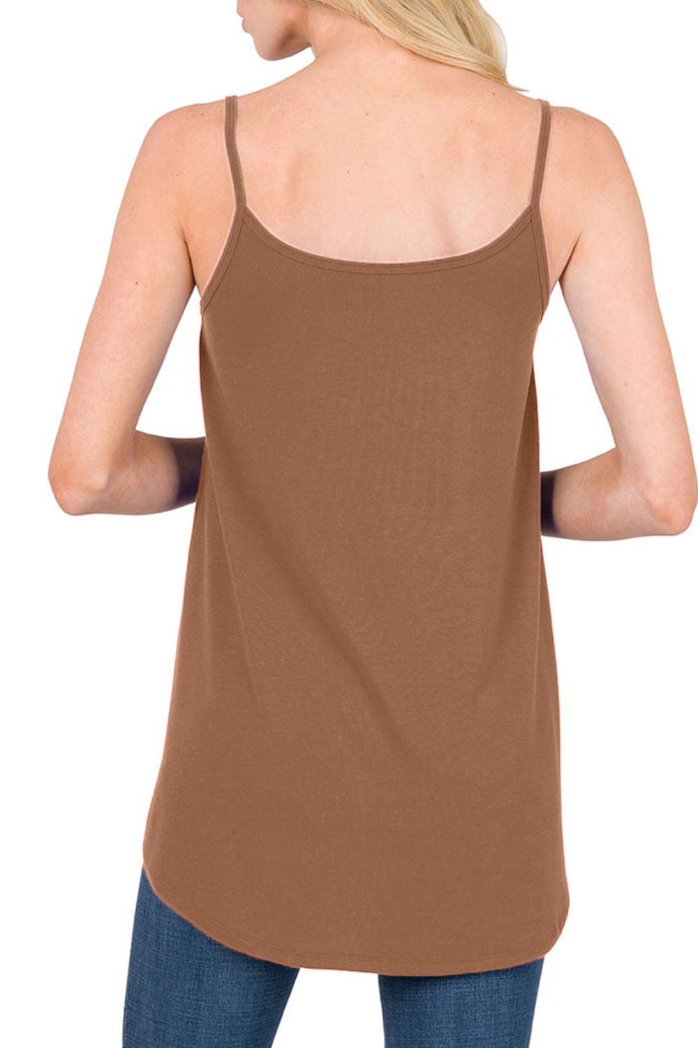 Caramel cami with spaghetti straps and curved hemline