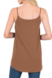 Caramel cami with spaghetti straps and curved hemline