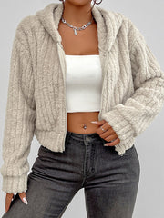 Beige textured teddy zip-up cropped hoodie with a fuzzy finish and hood.