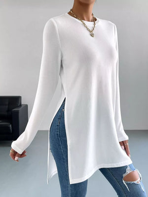 Long Sleeve Side Slit T-shirt in White, back view